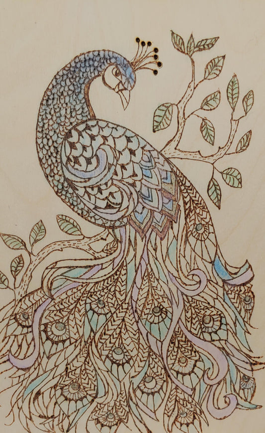 Elegant Peacock - Hand-Crafted Wood burning (Pyrography) on Birch or Basswood