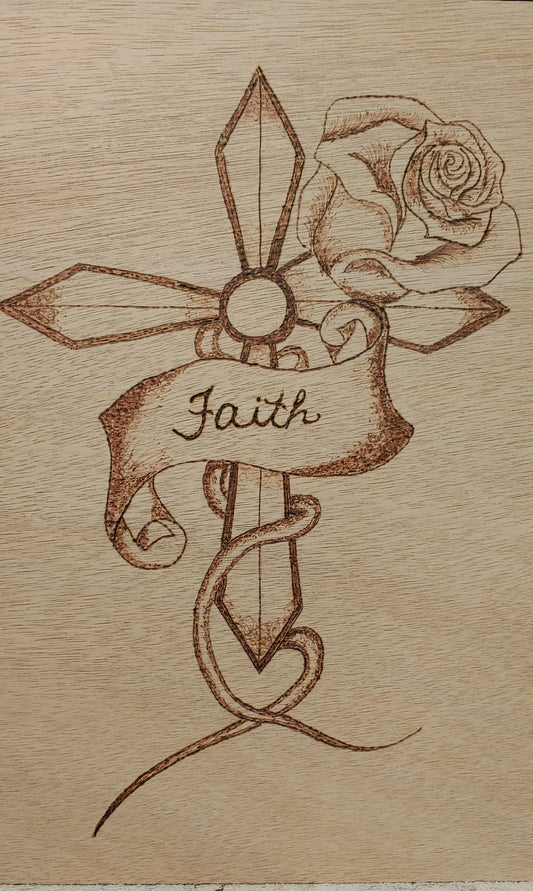 Faith Cross and Rose - Hand-Crafted Wood burning (Pyrography) on Birch or Basswood