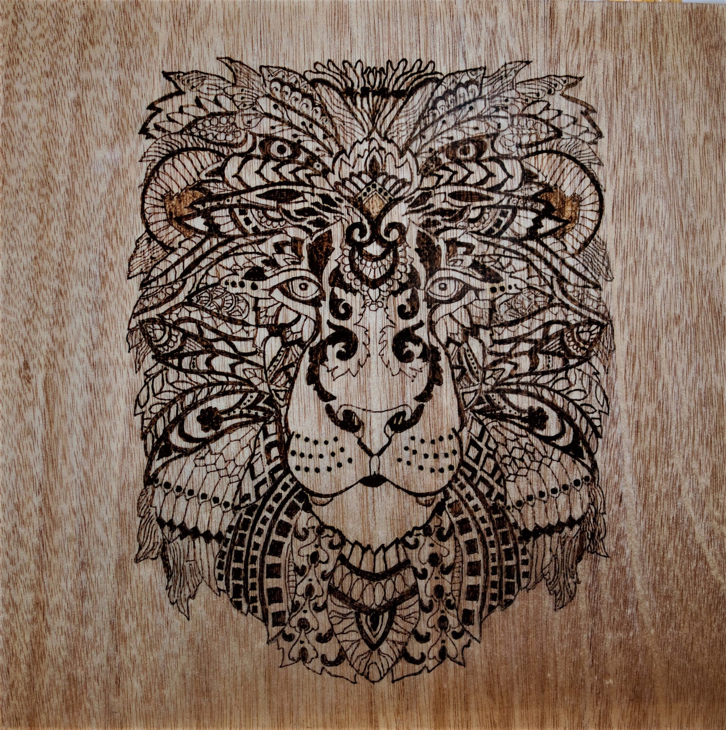 Hand-Crafted Woodburning - Abstract Floral Lion Panther Big Cat Face - Freehand Pyrography