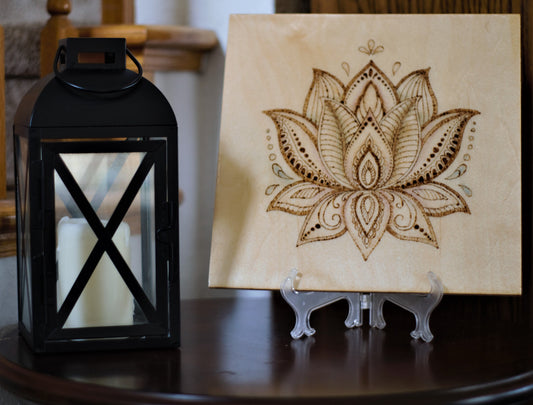 Lotus Flower #2 Hand-Crafted Wood burning (Pyrography) on Birch