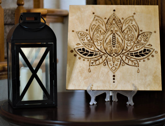 Lotus Flower-#1 Hand-Crafted Wood burning (Pyrography) on Birch