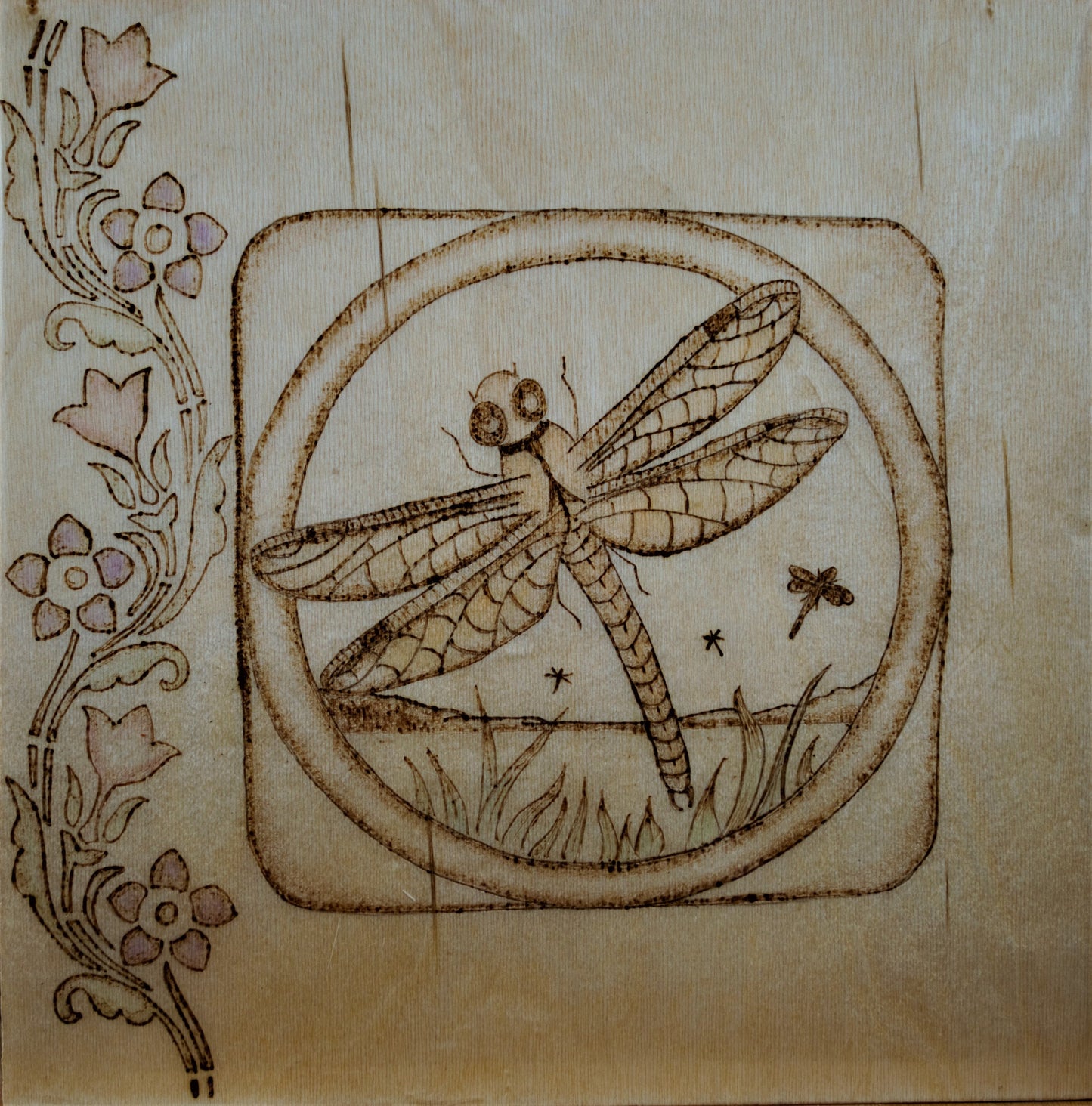 Floral Dragonfly Design - Hand-crafted Woodburning (Pyrography) on Birch or Basswood